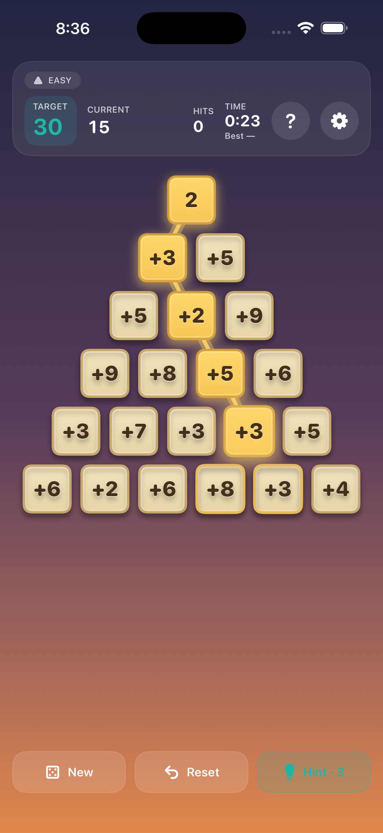 Reckly puzzle on iPhone — Easy difficulty with the solution path glowing yellow.