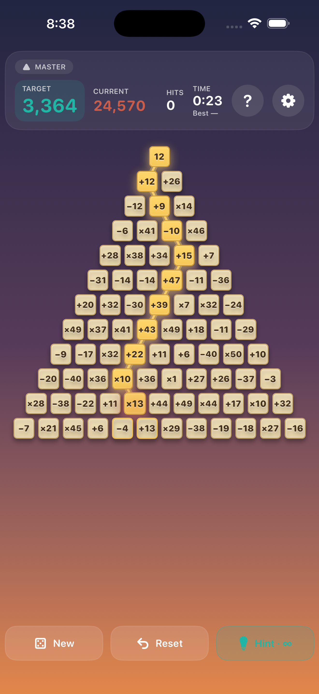 Reckly puzzle on iPhone — Master difficulty, 12-row pyramid with target 3,364.